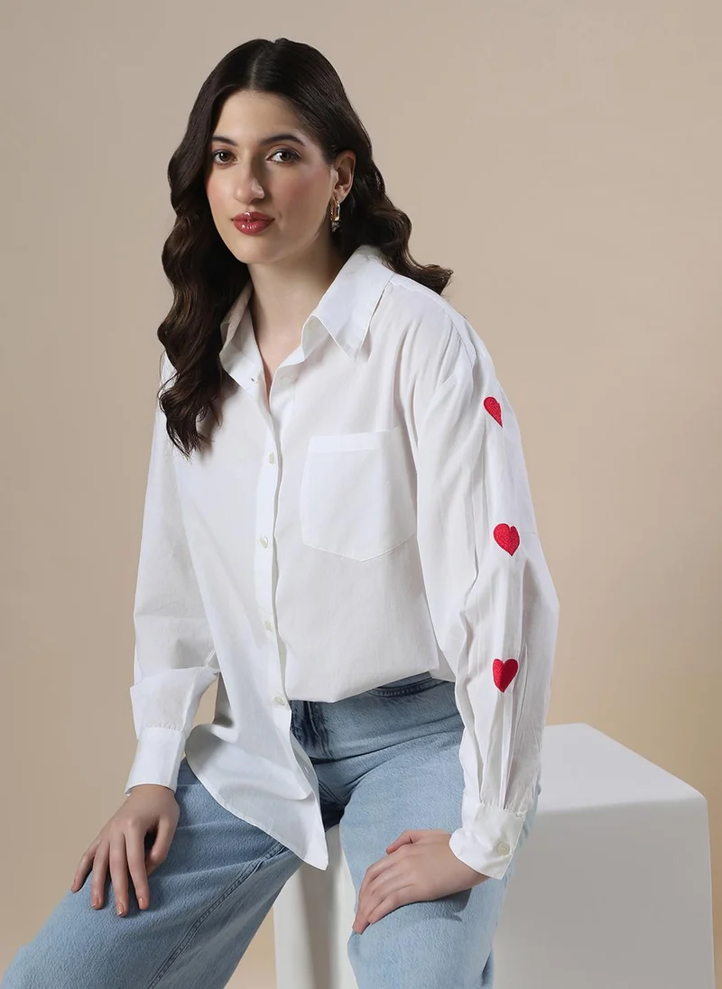 globus Globus Women White Collared Neck Embroidered Detail Cuffed Sleeves High-Low Hem Oversized Party Shirt